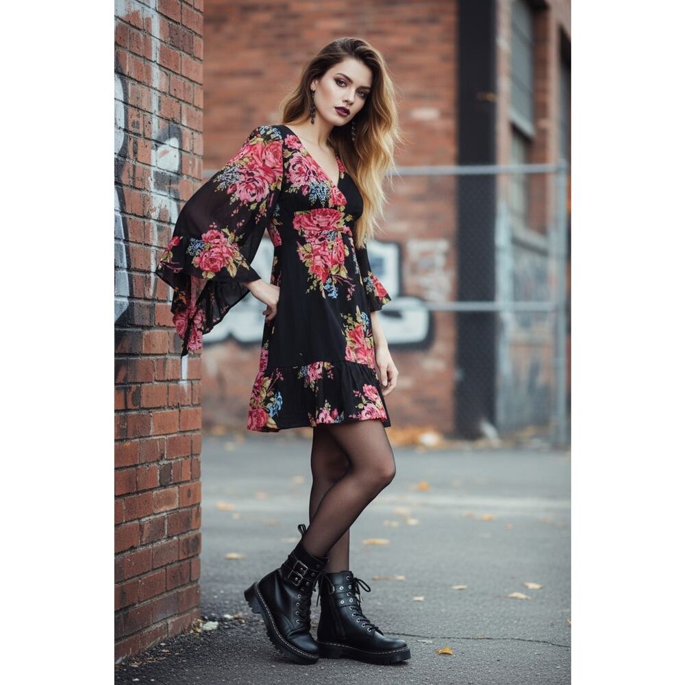 Betsy Johnson Floral Mini Dress Sz 4 Black Pink Babydoll Bell Sleeves Whimsigoth - Picture 5 of 16